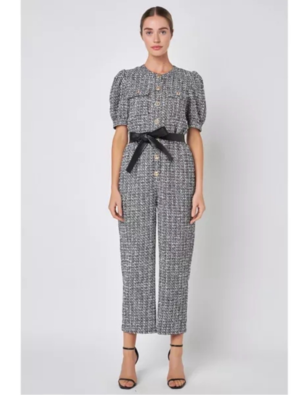 English Factory Black & White Tweed Short-Sleeve Jumpsuit XS